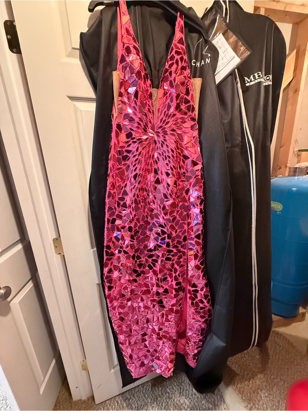 Sherri Hill Hot Pink Sequin Mosaic V-Neck Prom Dress